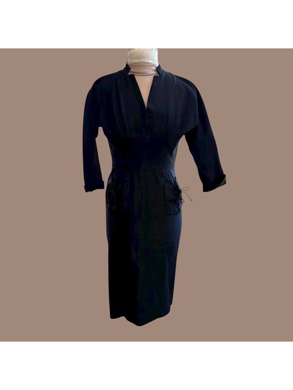 Vintage 40s 50s Dress, WOUNDED BIRD, Black Fitted Sheath, Day Dress, Wiggle